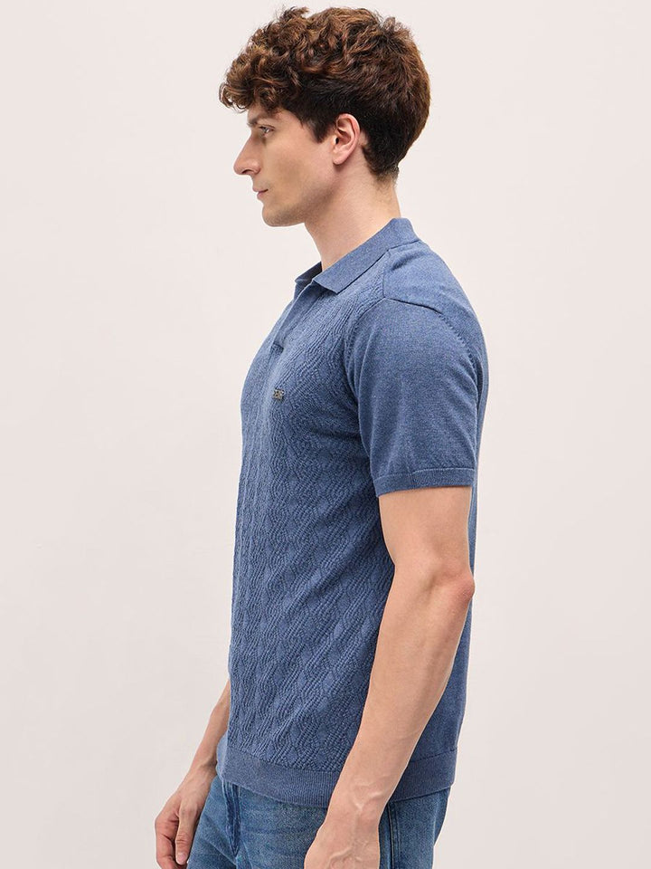 THE BEAR HOUSE Men Self Design Polo Collar Cotton Slim Fit T-shirt