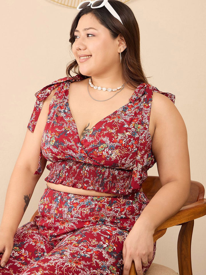 Berrylush Curve Maroon Plus Size Floral Printed V-Neck Top & Trousers