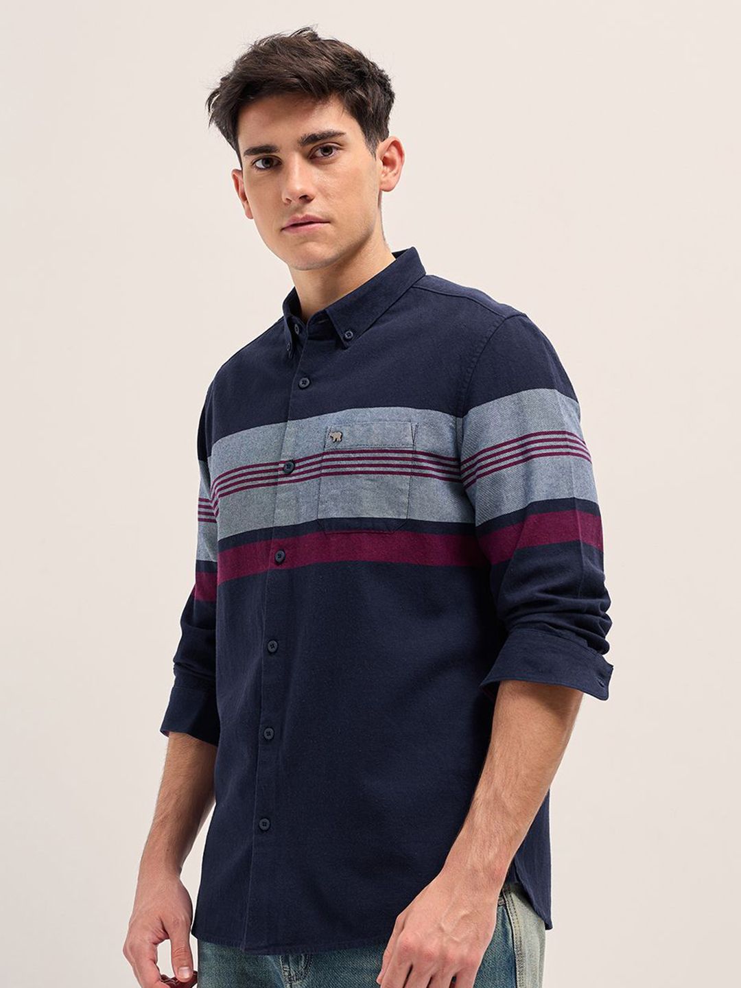 THE BEAR HOUSE Men Button-Down Collar Multi Striped Cotton Slim Fit Casual Shirt