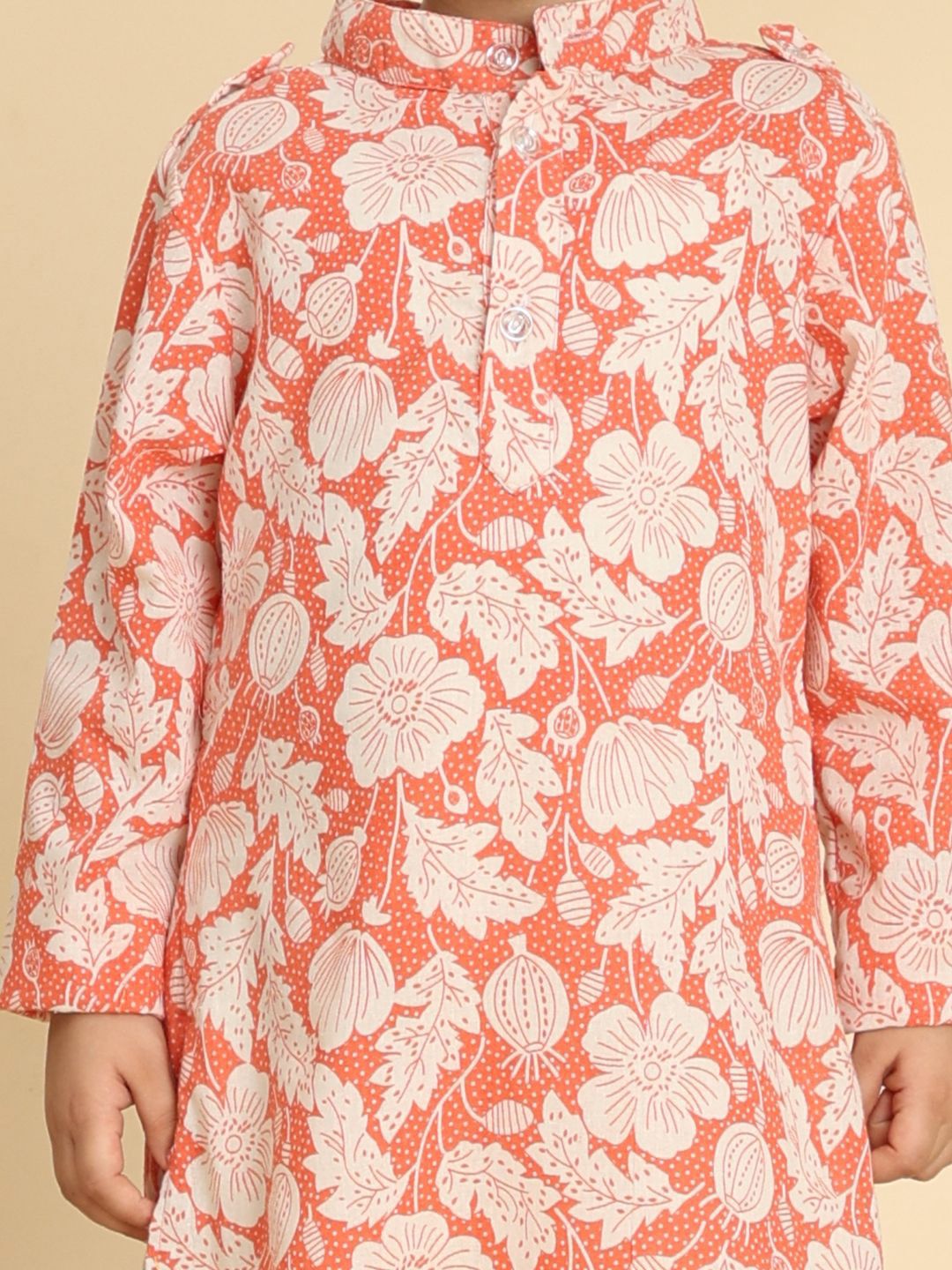 Cutiekins Boys Floral Printed Band Collar Straight Kurta dengan seluar