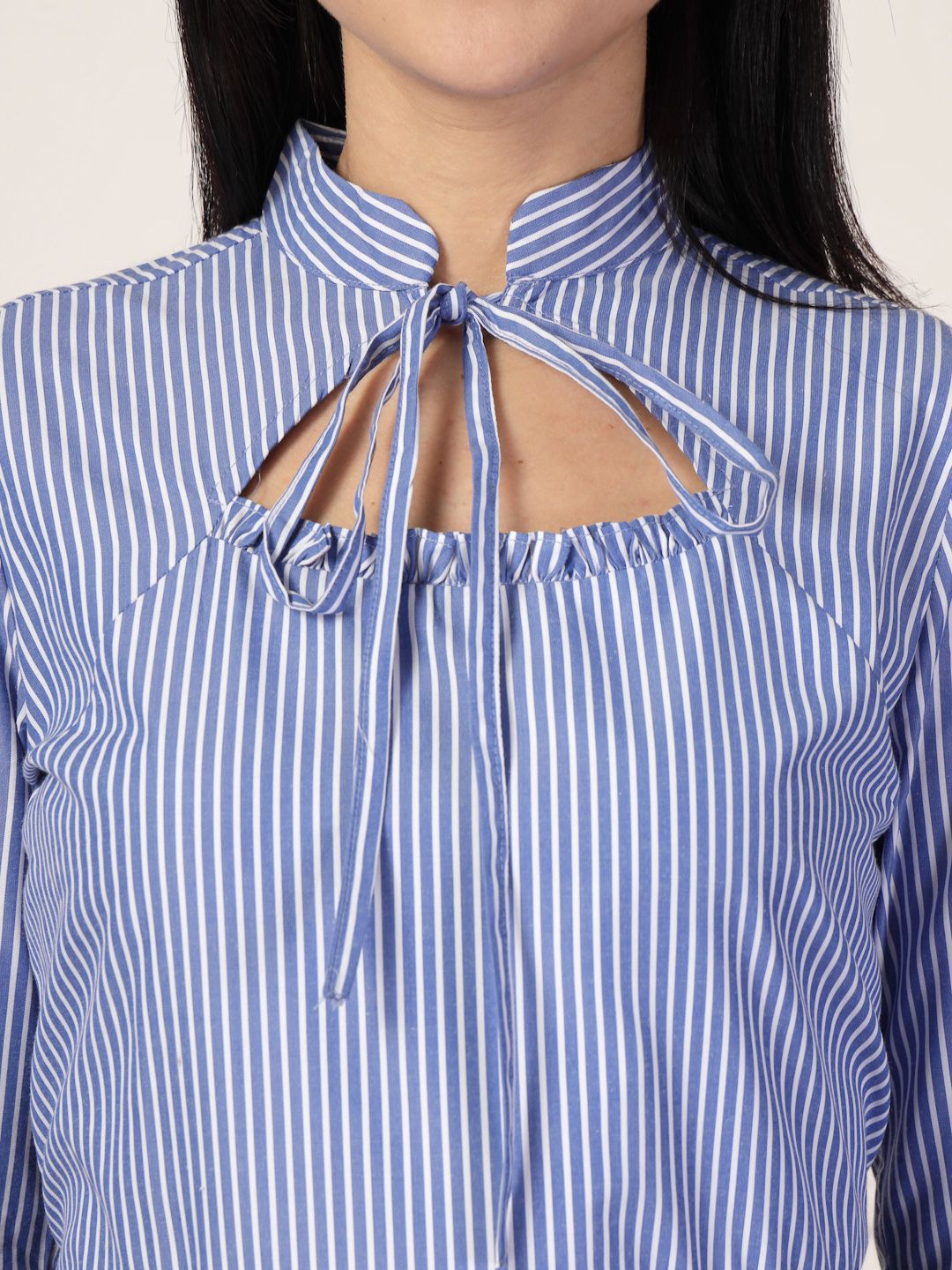 Style Quotient Striped Tie-Up Neck Puff Sleeve Top