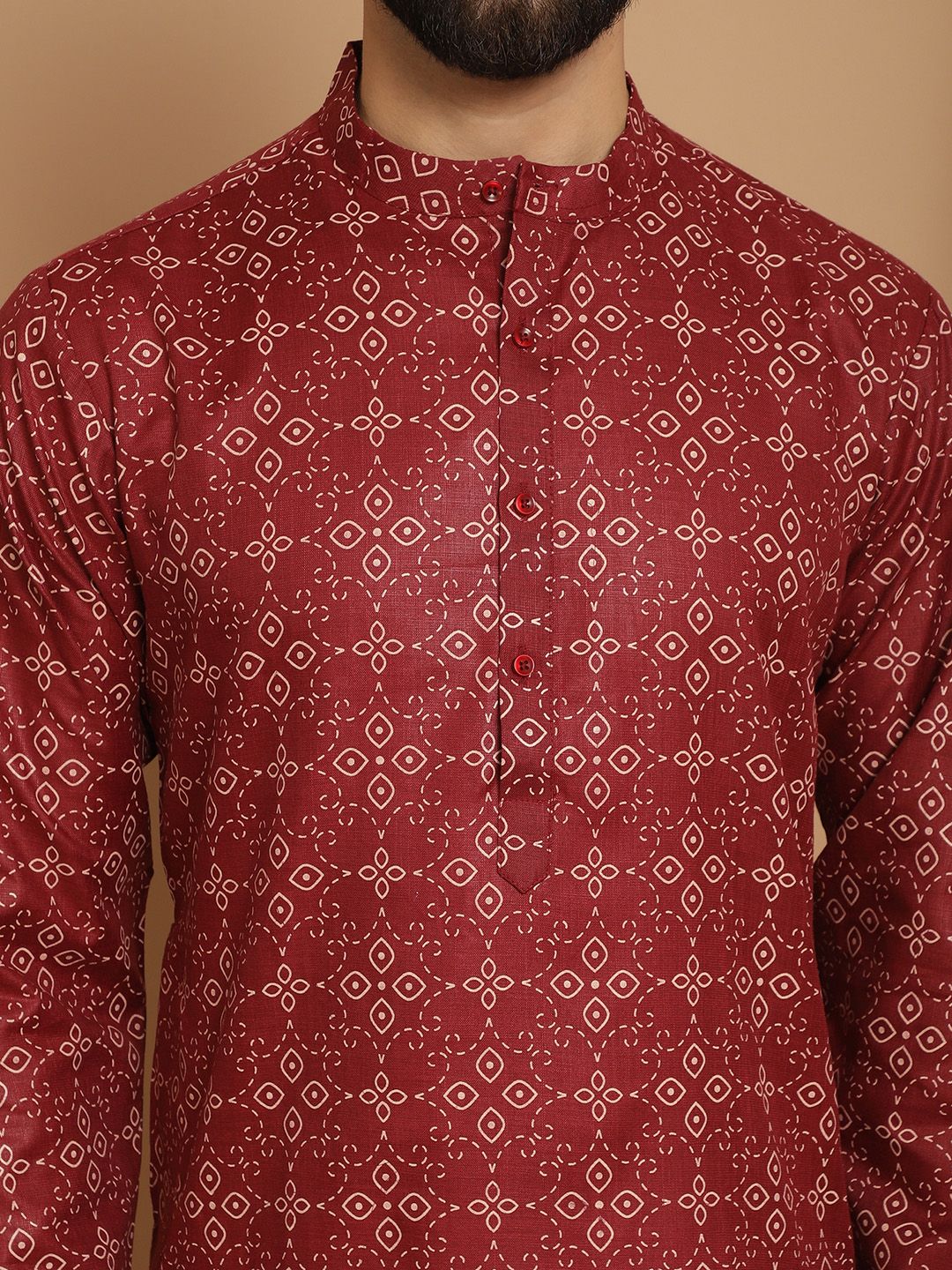Anouk Men Maroon Geometric Printed Thread Work Pathani Kurta