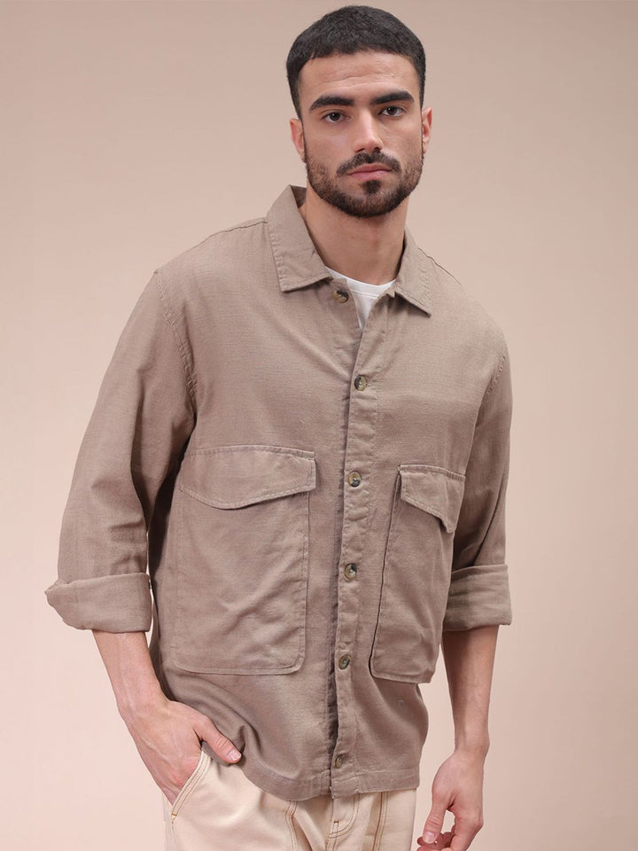 The Indian Garage Co Men Regular Fit Solid Double Flap Pocket Resortwear Overshirt