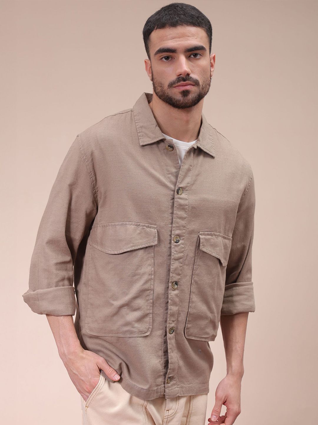 The Indian Garage Co Men Regular Fit Solid Double Flap Pocket Resortwear Overshirt