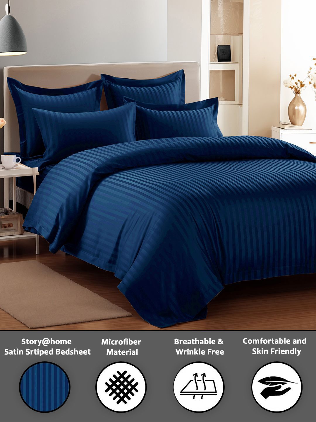 Story@home Navy Blue Striped 300 TC Queen Bedsheet Set 2.25 m X 2.50 m