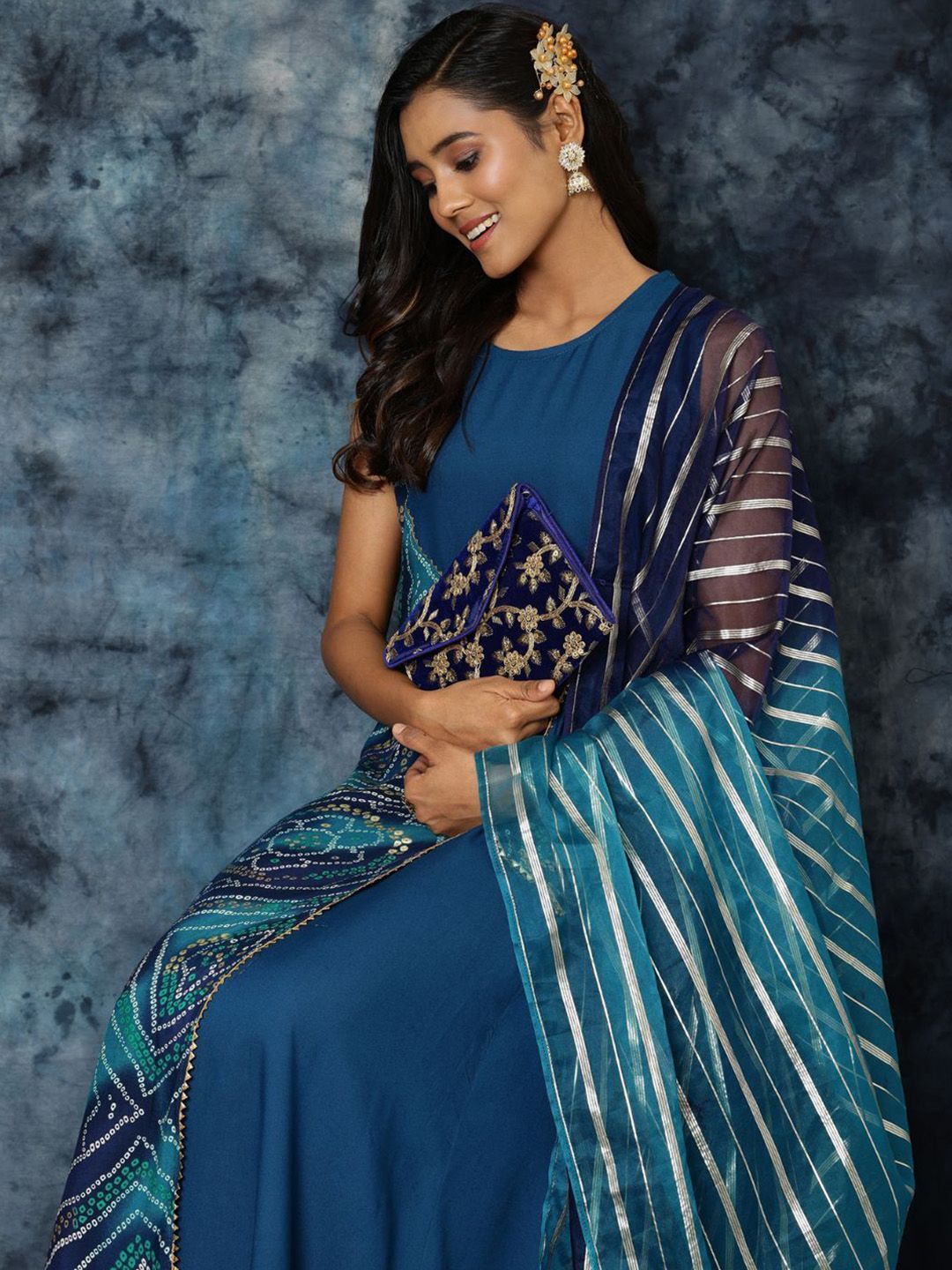 KALINI Women Rayon Embroidered Anarkali Bandhani Print Kurta With Organza Dupatta Set