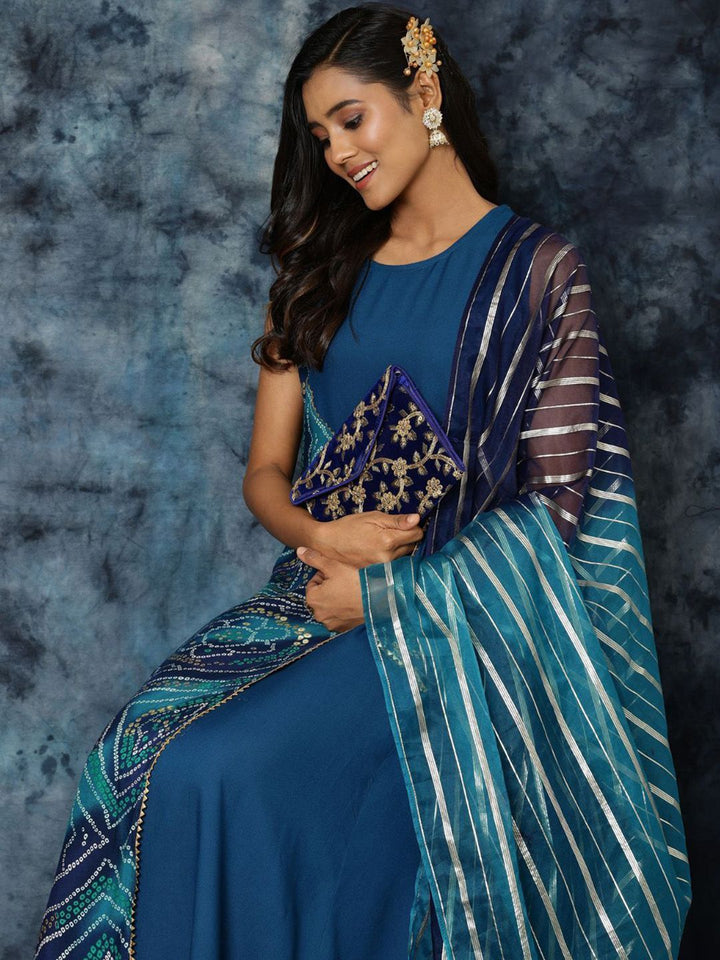 KALINI Women Rayon Embroidered Anarkali Bandhani Print Kurta With Organza Dupatta Set