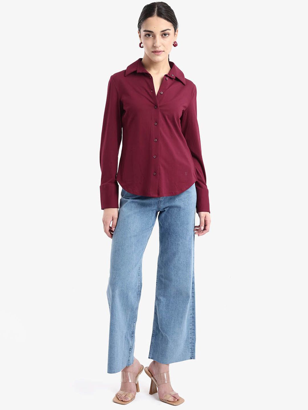 RAREISM Women Comfort Spread Collar Solid Cotton Formal Shirt