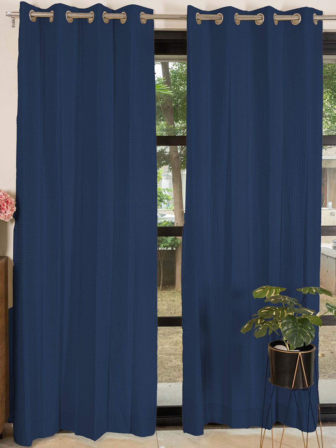 URBAN SPACE Waffle Navy Blue 2 Pieces Cotton Long Door Curtains