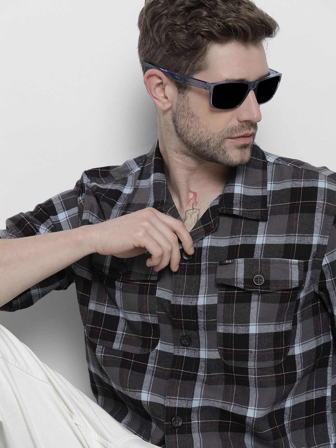 The Indian Garage Co Men Regular Fit Checked Double Flap Pocket Flannel Shirt