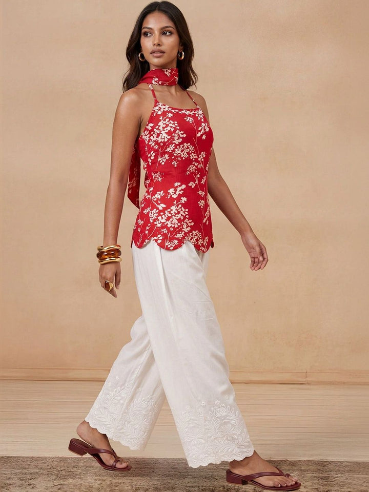 Rumah Wanita Chikankari Floral Printed Halter Leher Kurta Bunga