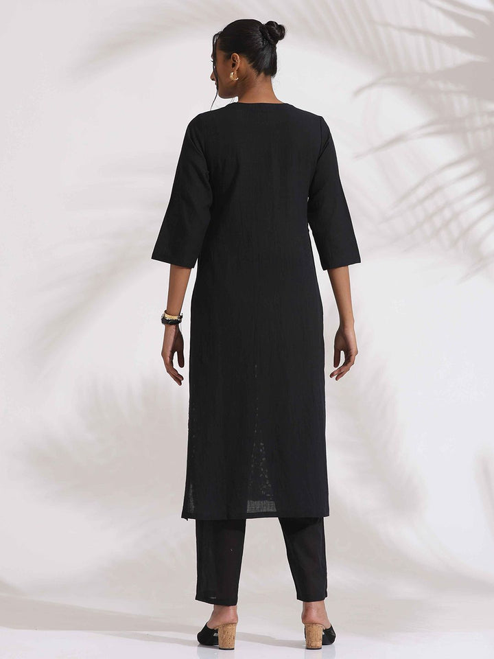 trueBrowns Schiffli V Neck Pure Cotton Straight Kurta with Trousers
