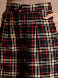 SASSAFRAS Women Cotton Checked Relaxed High-Rise Trousers