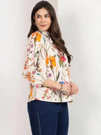Mamicha Floral Print Tie-Up Neck Ruffles Cotton Top