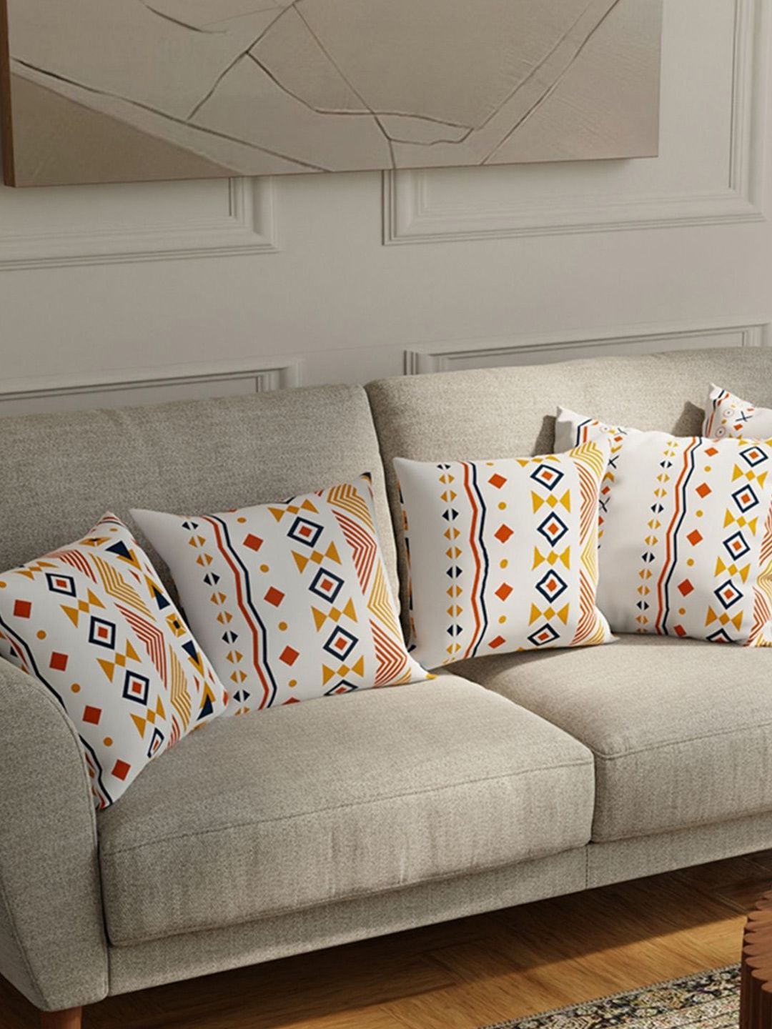 URBAN SPACE Orange & White 5 Pieces Geometric Printed Cotton Square Cushion Covers