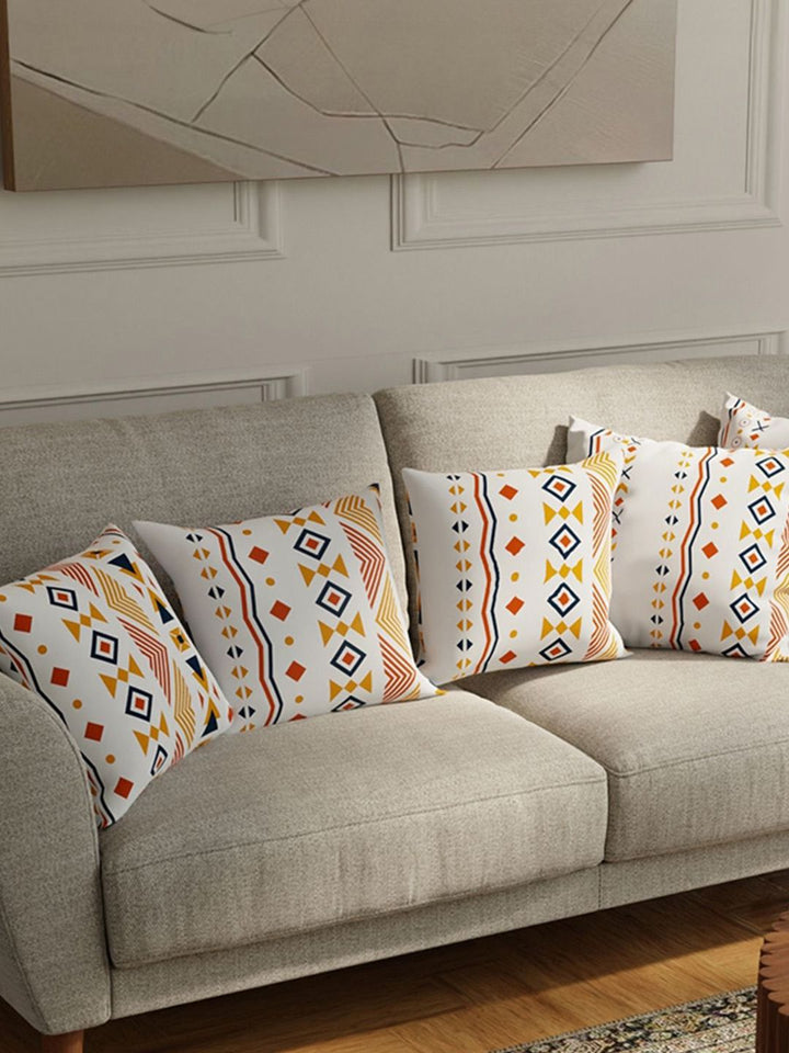 URBAN SPACE Orange & White 5 Pieces Geometric Printed Cotton Square Cushion Covers