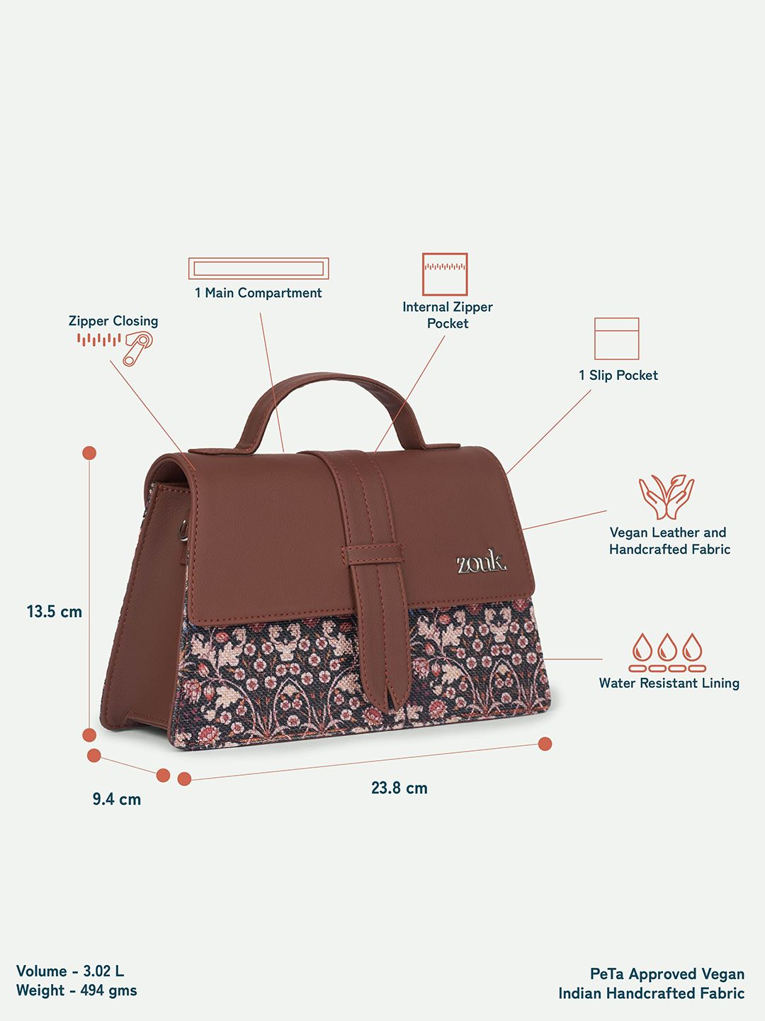 ZOUK Floral Printed Structured Satchel with Cut Work