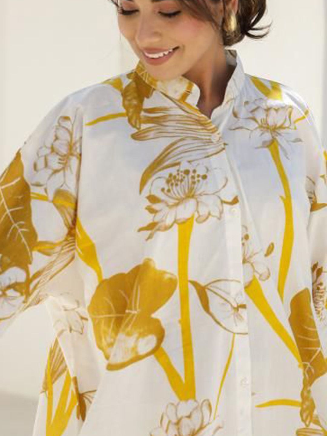 Mamicha Women Printed Mandarin Collar Cotton Shirt and Trousers Co-Ords