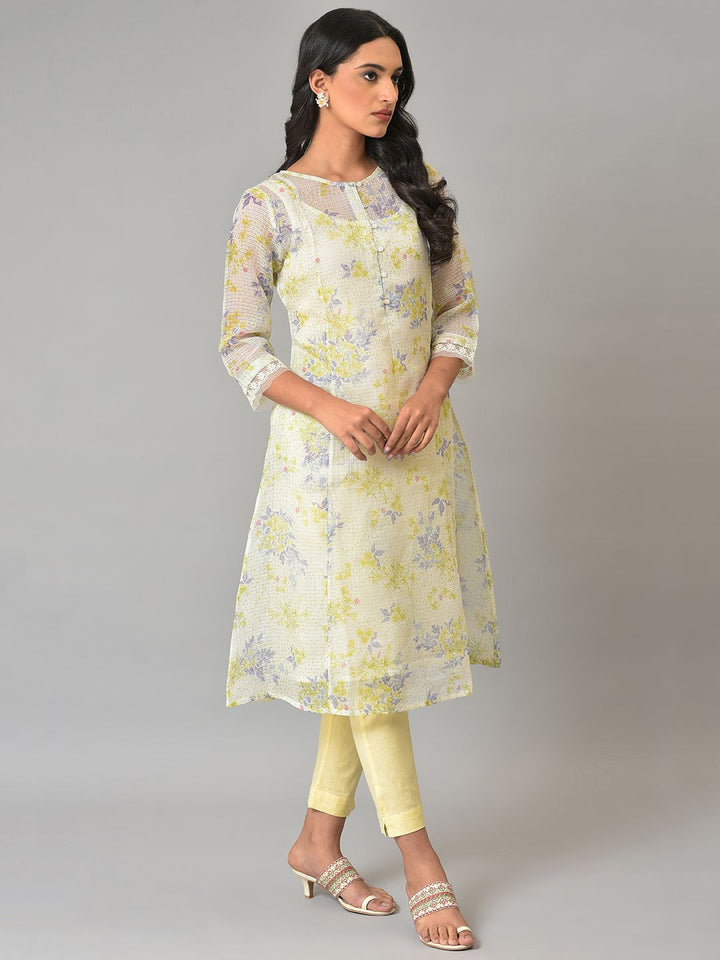 W Floral Printed Round Neck Panelled A-line Kurta