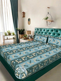 Myntra Elegant Homes Green & Blue Floral 300 TC King Bedsheet with 2 Pillow Covers