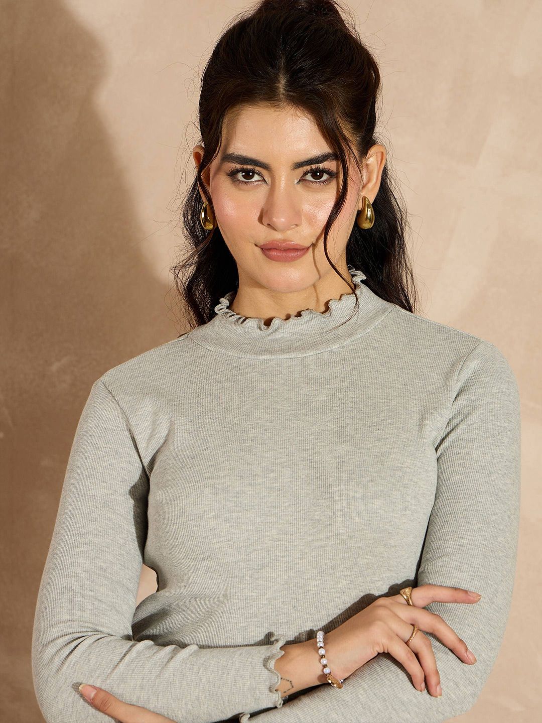 SASSAFRAS Women Grey Long Sleeves High Neck Top