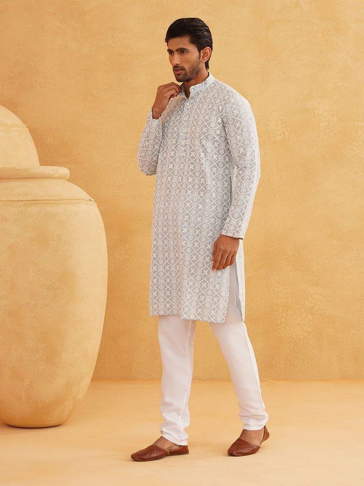 SOJANYA Floral Embroidered Sequinned Band Collar Pure Cotton Straight Kurta With Churidar