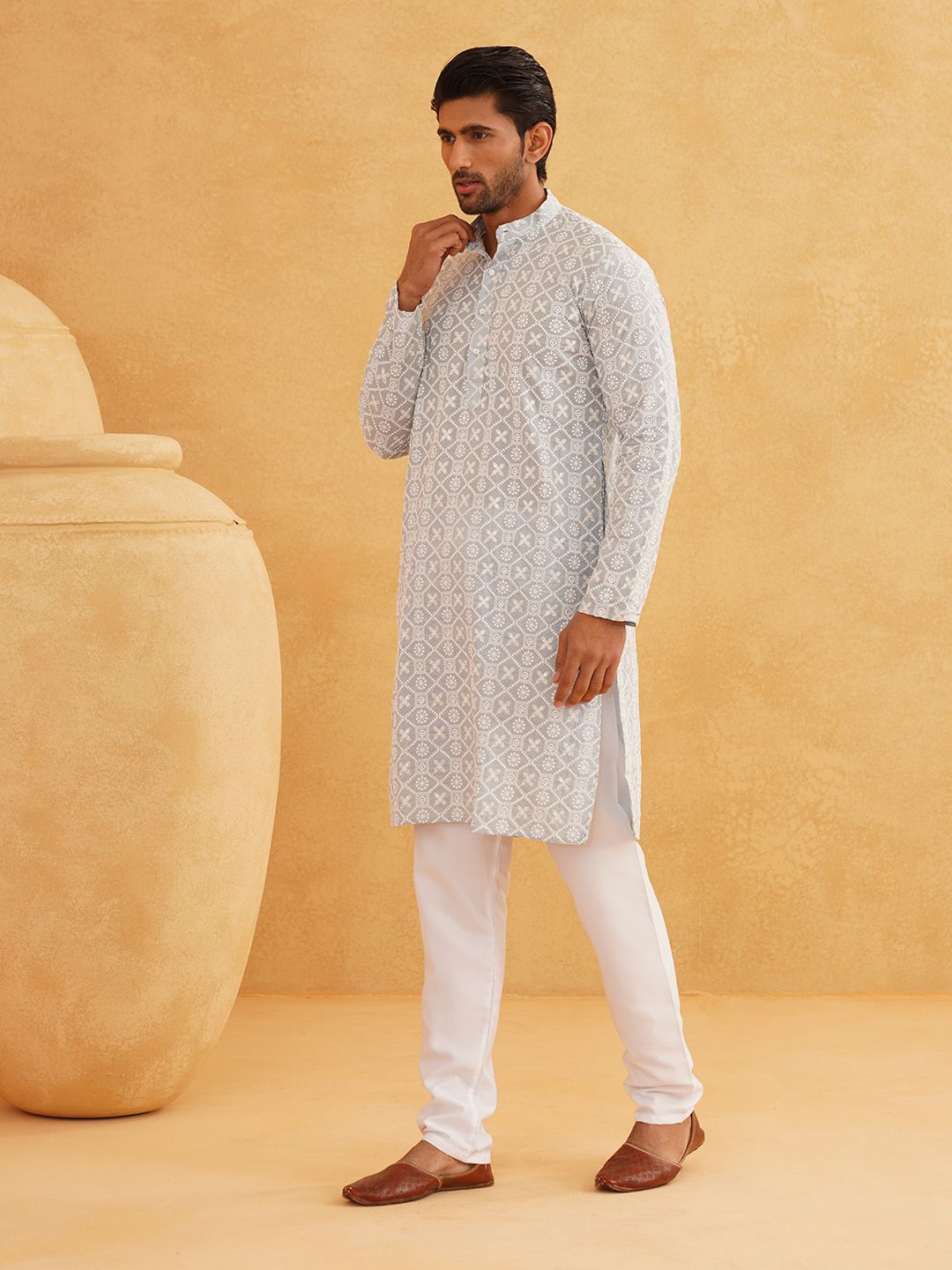 SOJANYA Floral Embroidered Sequinned Band Collar Pure Cotton Straight Kurta With Churidar
