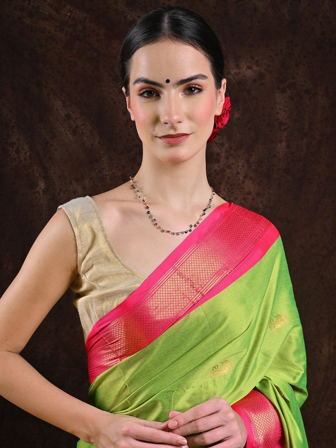 Exotic India Grenoble Green Saree with Zari Woven Peacocks and Contrast Border