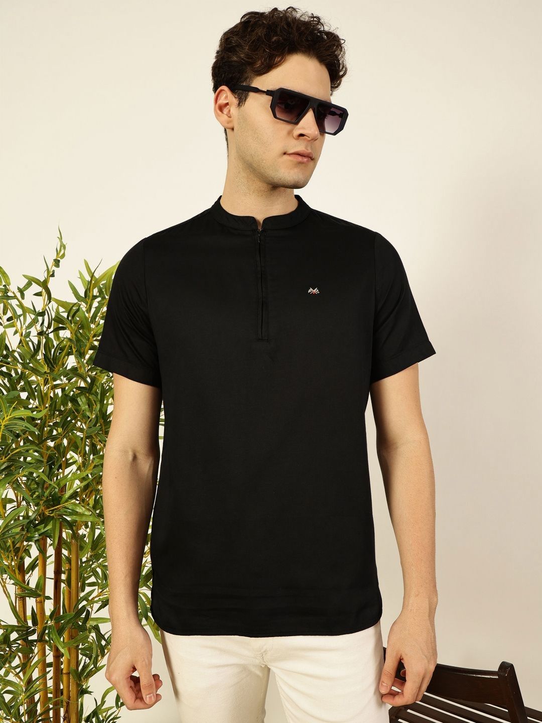 Thomas Scott Men Solid Mandarin Collar Cotton T-Shirt