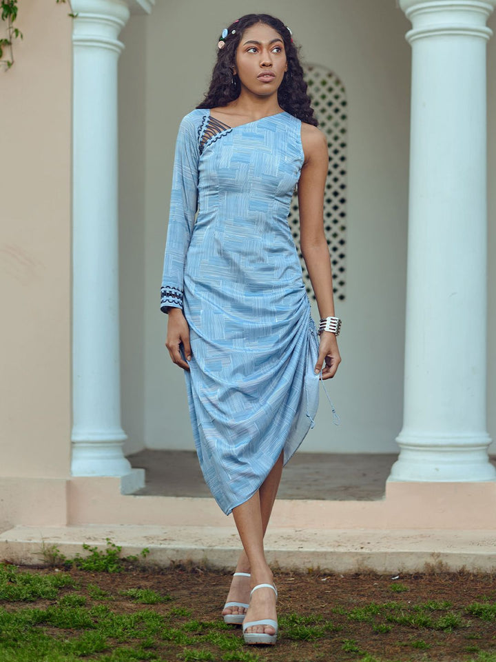 Mamicha Print Satu Bahu Pakaian Midi Fit & Flare Crepe