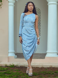 Mamicha Print Satu Bahu Pakaian Midi Fit & Flare Crepe