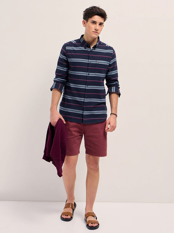 THE BEAR HOUSE Men Button-Down Collar Horizontal Striped Cotton Slim Fit Casual Shirt