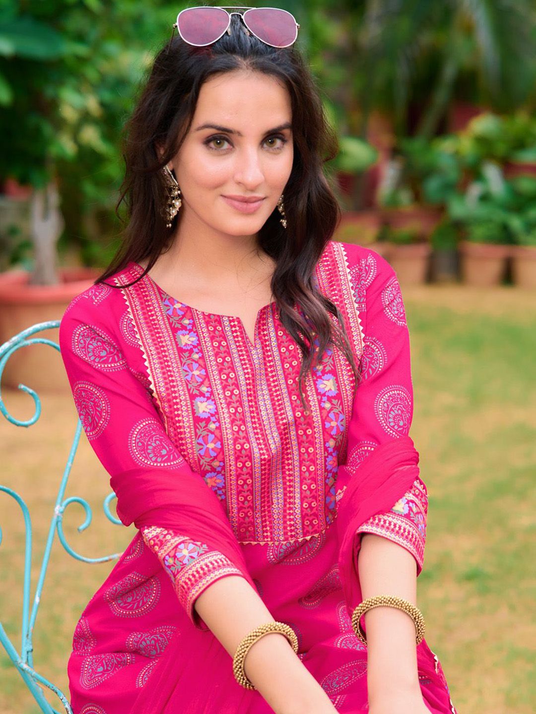 KALINI Floral Printed Gotta Patti Notch Neck Straight Kurta with Trousers & Dupatta