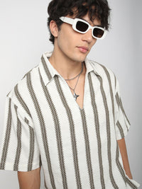 VASTRADO Men Classic Vertical Stripes Self Design Cotton Oversized Casual Shirt