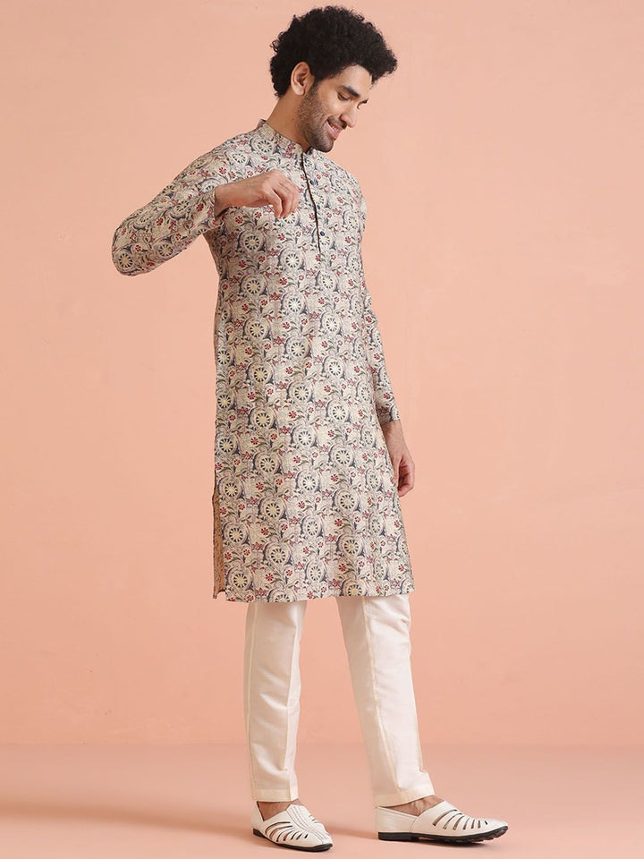 KISAH Floral Embroidered Kantha Work Mandarin Collar Straight Kurta with Trousers