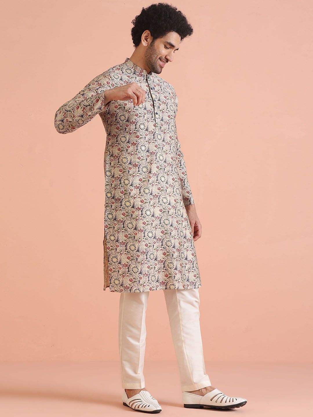 KISAH Floral Embroidered Kantha Work Mandarin Collar Straight Kurta with Trousers