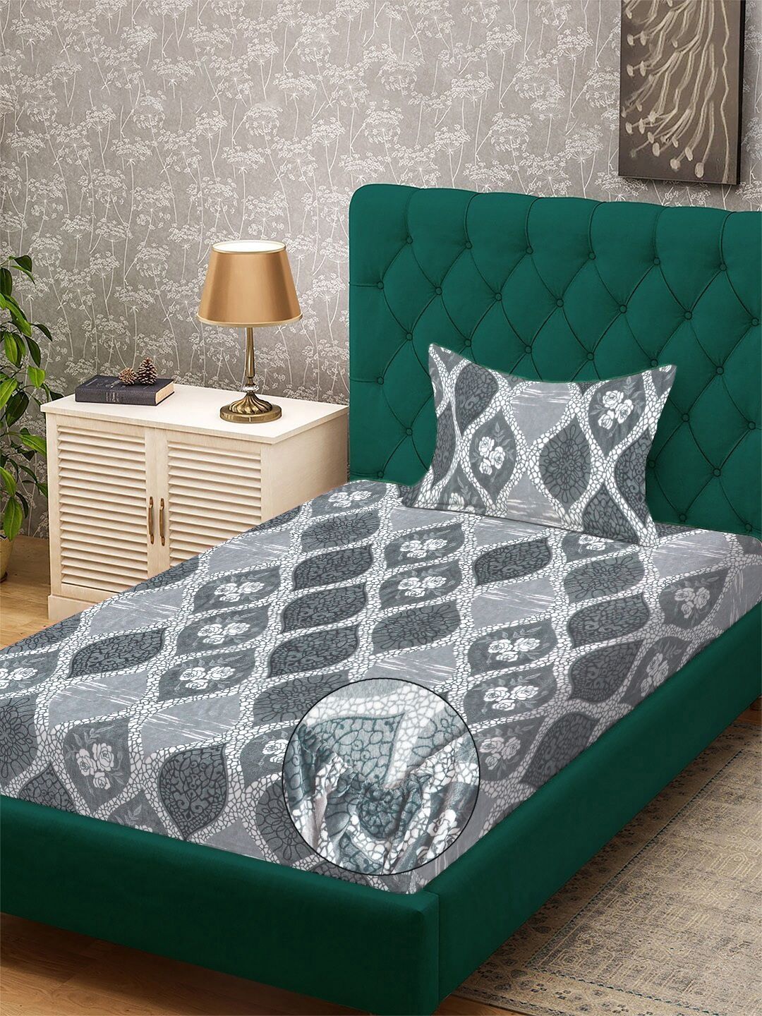 Myntra Elegant Homes Grey Floral Dilengkapi 300 TC Wool Bedsheet Single Dengan 1 Sarung Bantal