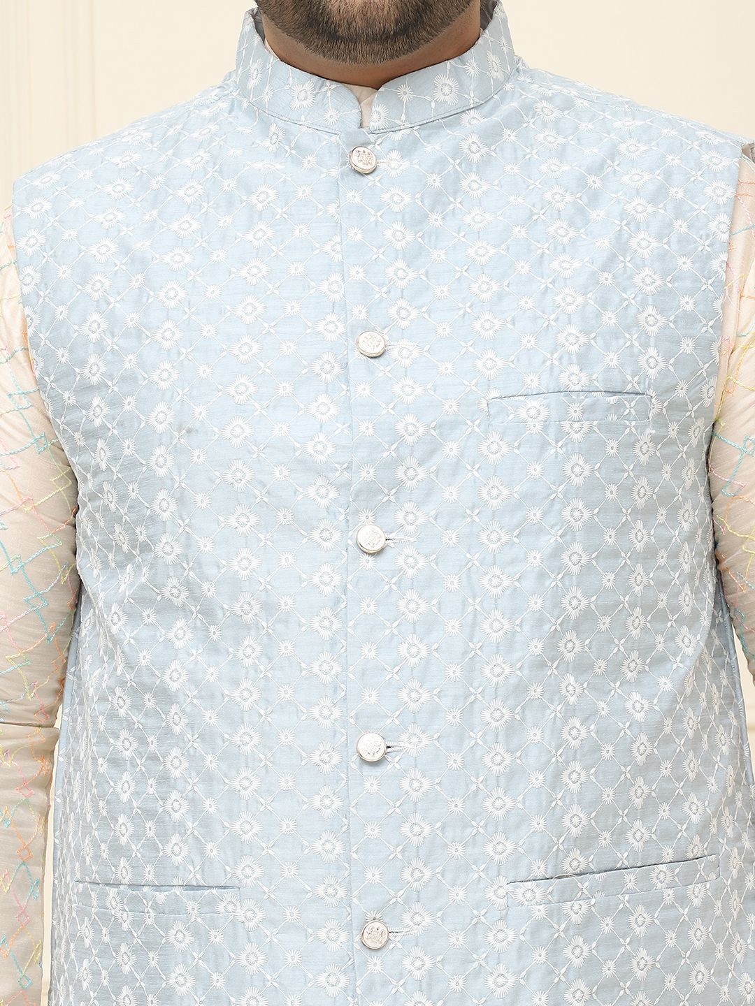 SOJANYA PLUS Lelaki Plus Saiz Sulam Jaket Nehru Kolar Mandarin