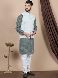 Kurta Lurus Kapas Tulen Sulam Bunga Anouk Dengan Jaket Churidar & Nehru