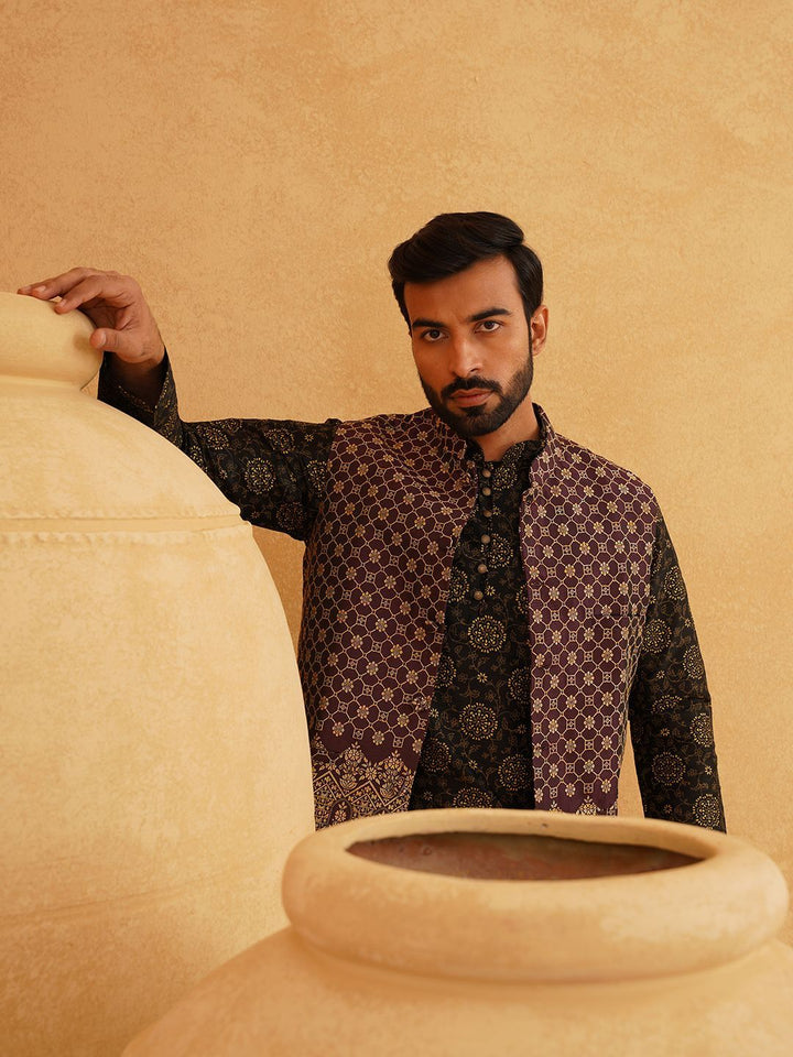 SOJANYA Kurta Kolar Mandarin Bercetak Bunga Dengan Jaket Churidar Dan Nehru