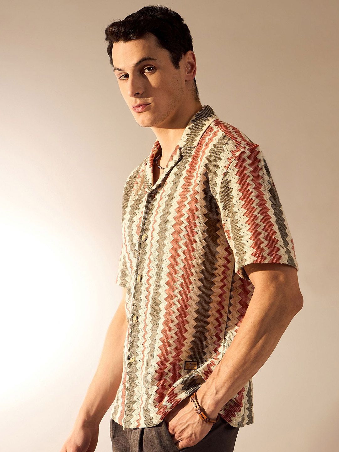DENNISON Men Zigzag Pattern Drop-Shoulder Oversized Crochet Shirt