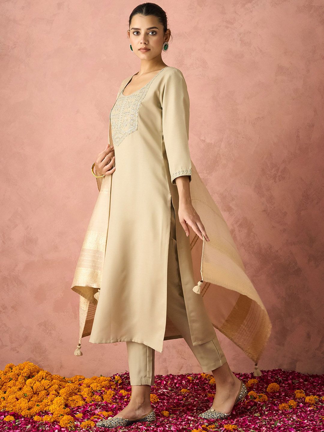 KALINI Ethnic Motifs Yoke Design Straight Thread Work Kurta with Trousers & Dupatta