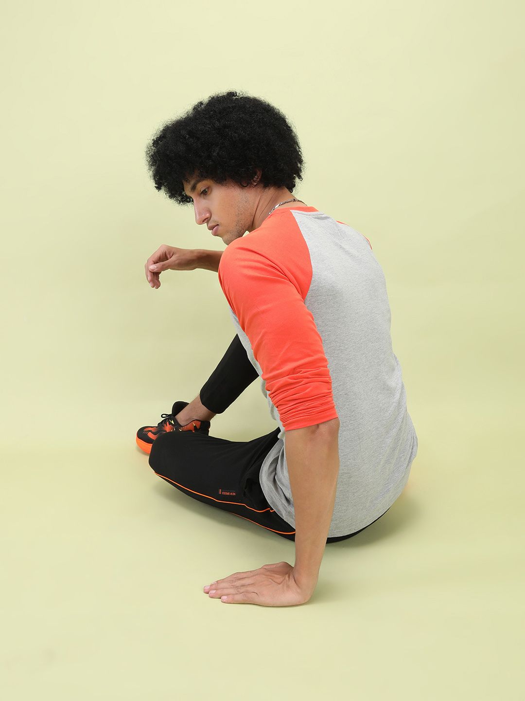 The Indian Garage Co Men Grey Melange  Orange Colourblocked Round Neck Pure Cotton T-shirt
