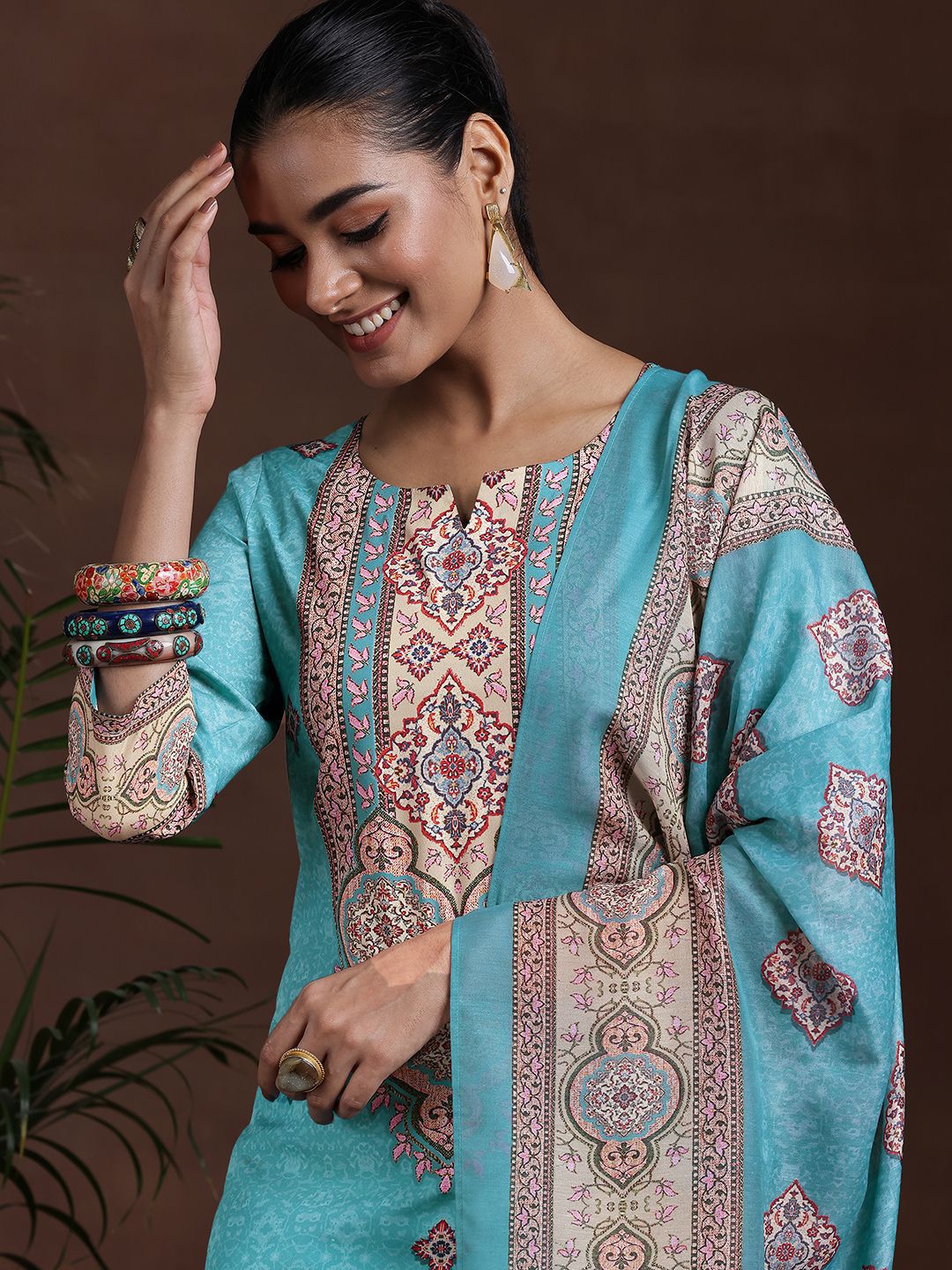 Libas Ethnic Motifs Printed Notch Neck Straight Kurta with Trousers & Dupatta