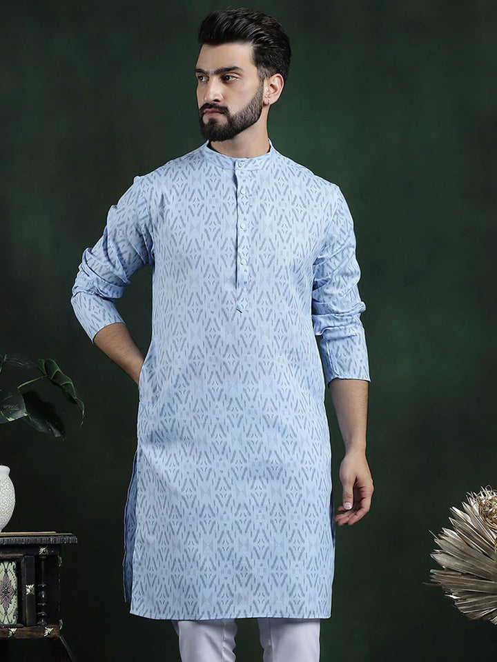 Anouk Blue Geometric Printed Mandarin Collar Long Sleeves Pure Cotton Kurta