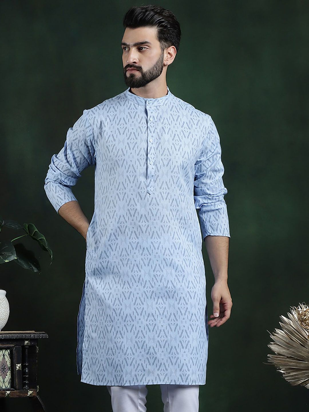 Anouk Blue Geometric Printed Mandarin Collar Long Sleeves Pure Cotton Kurta