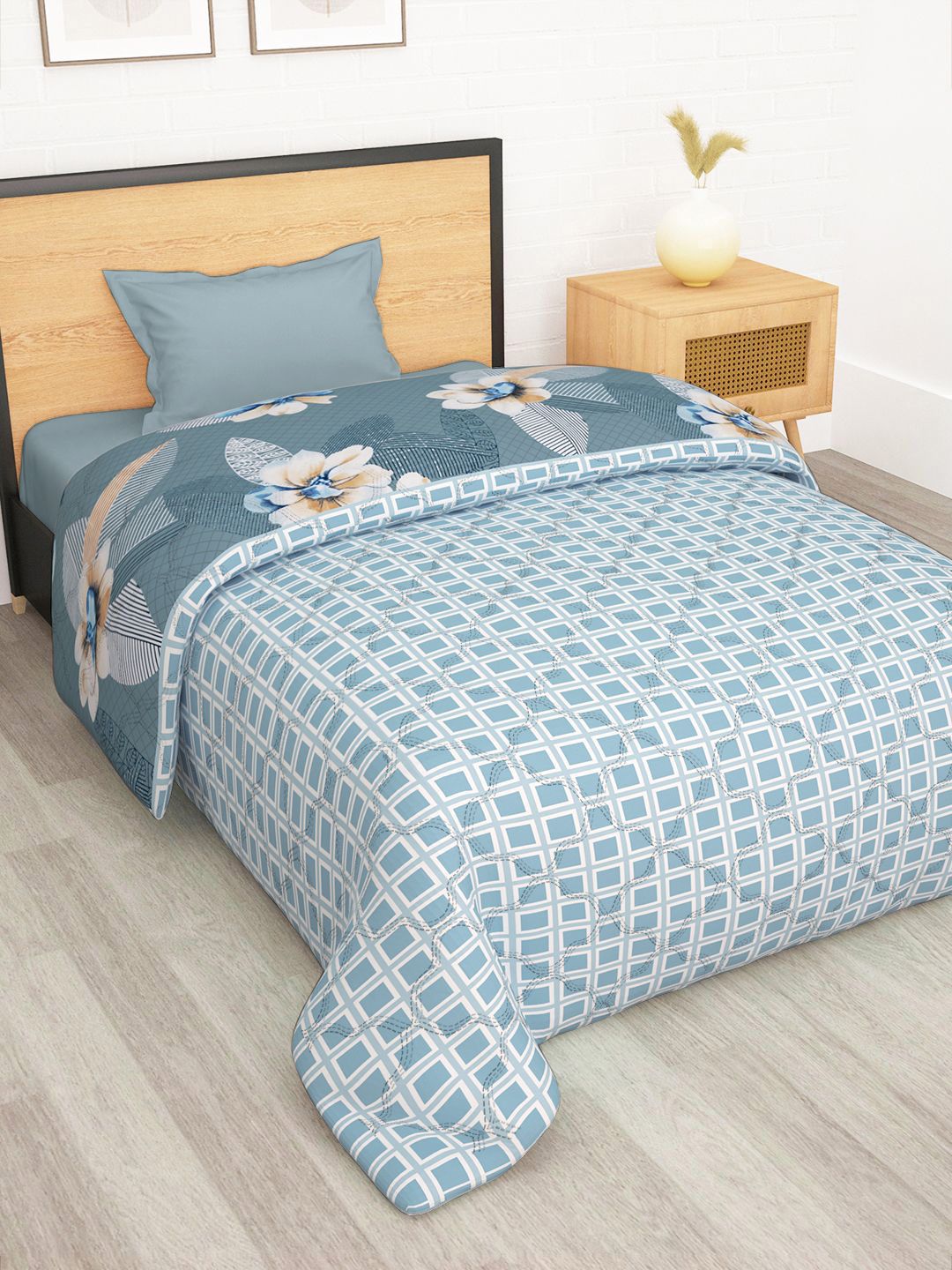 Story@home Grey & Blue Printed Reversible 120 GSM AC Room Single Bed Comforter