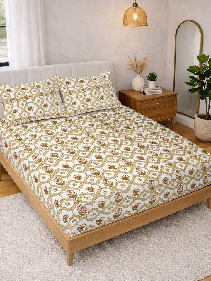 KLOTTHE Kuning & Hijau Bercetak 300 TC Cadar Katil Double Dengan 2 Sarung Bantal- 2.5 m x 2.25 m