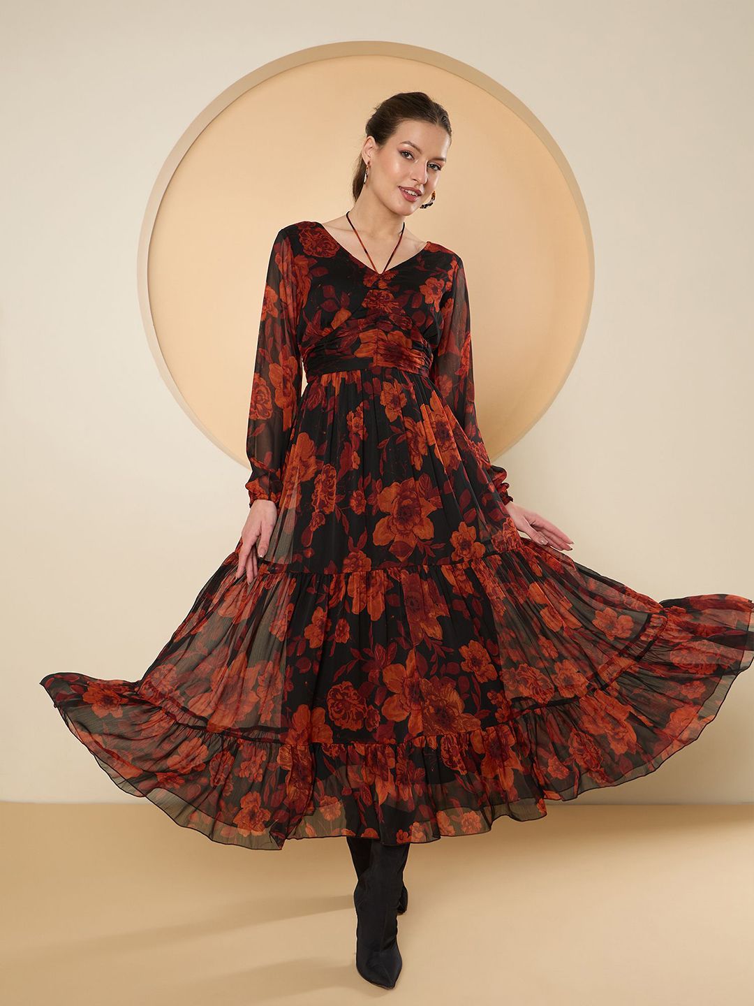 Antheaa Floral Print Chiffon Fit & Flare Maxi Dress