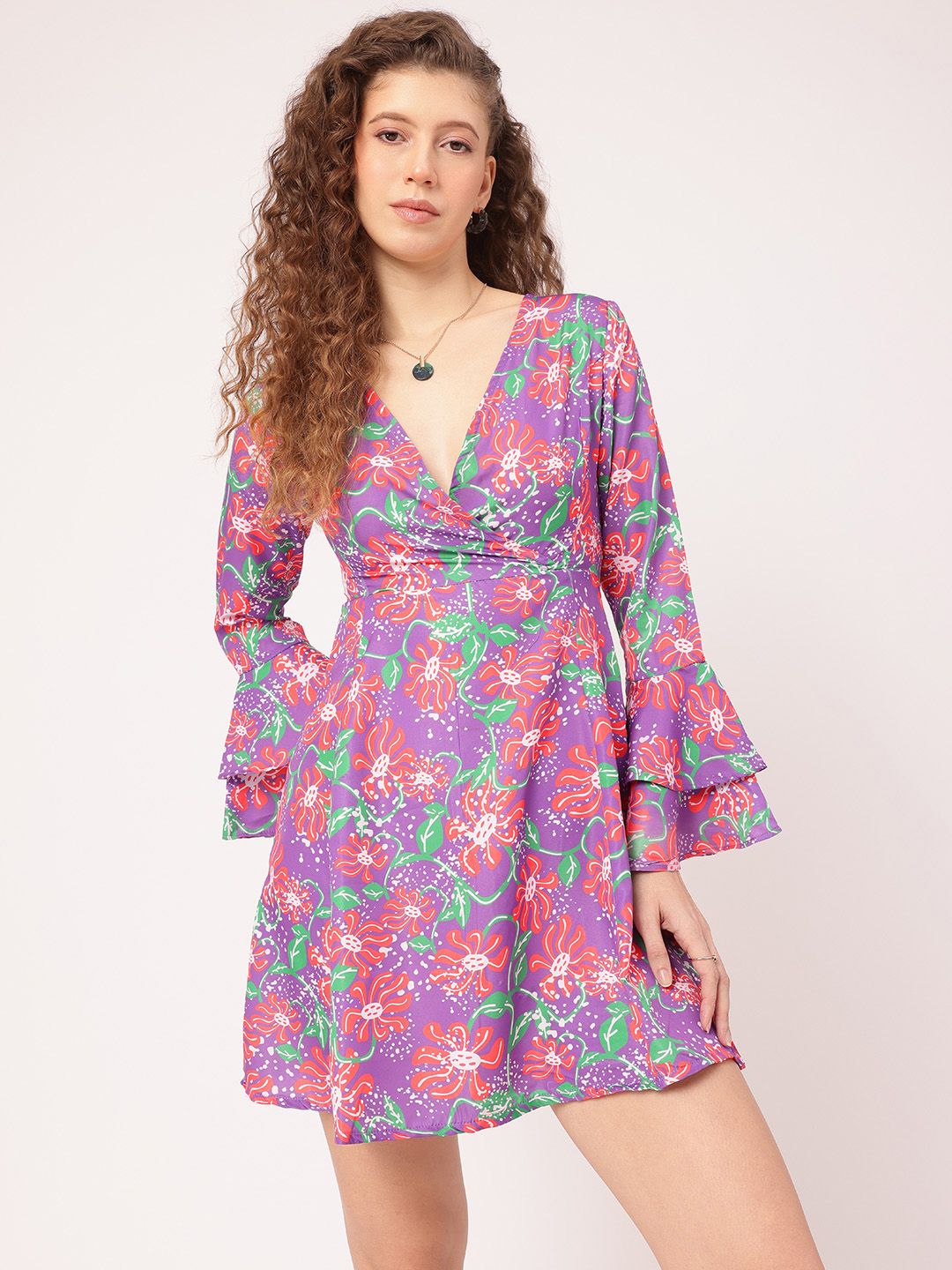 DressBerry Sweet Swirls Printed Bell Sleeve Mini A-line Dress